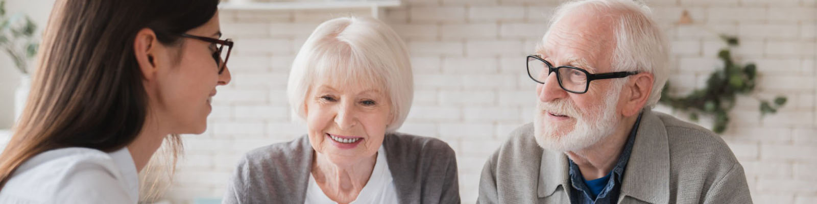 A senior couple smiling and sitting at a table talking to an insurance benefits professional